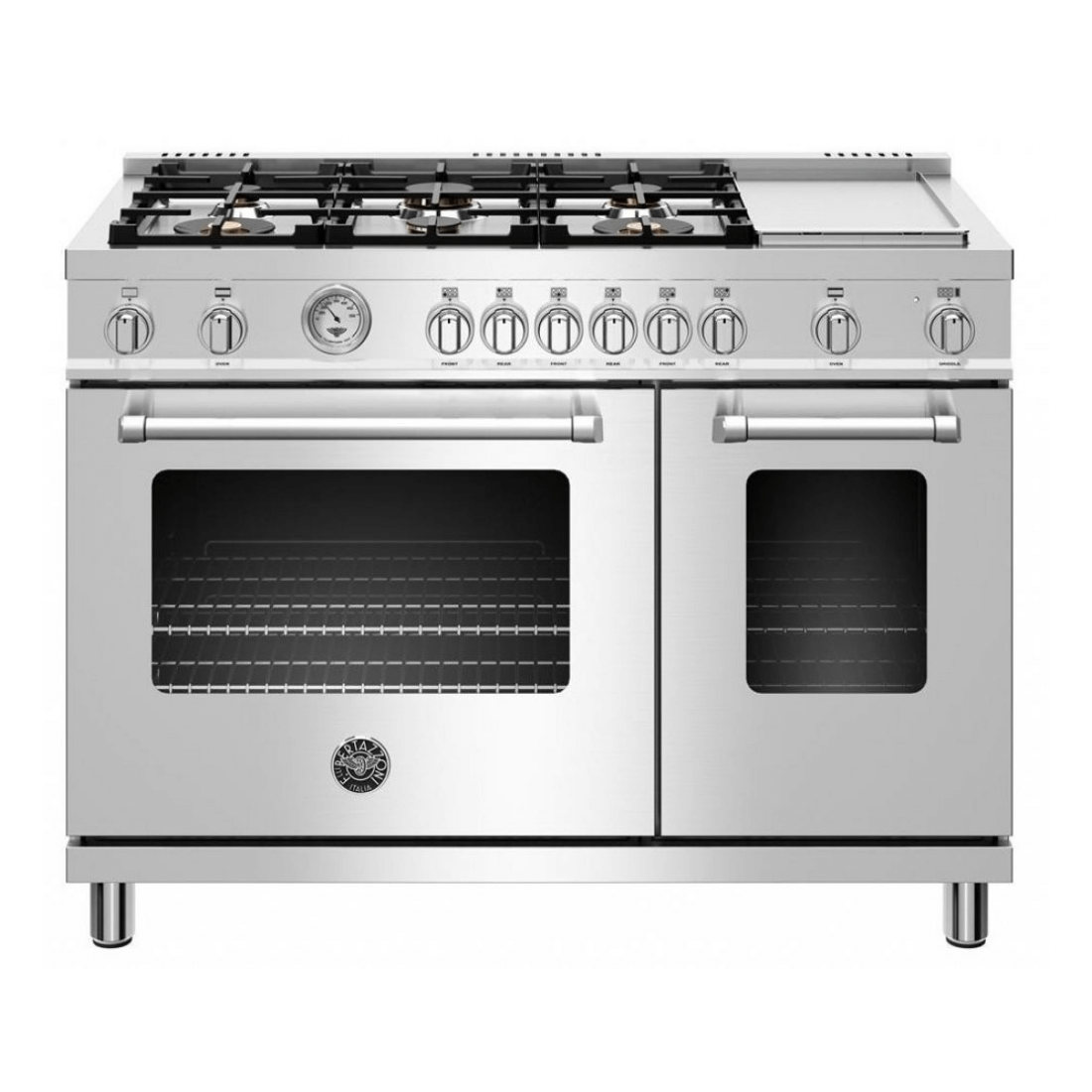 Fogão Bertazzoni Master 6 bocas em inox, forno a gás duplo, 122cm, 201 litros, com queimadores Sabaf e segurança Gás-Stop.